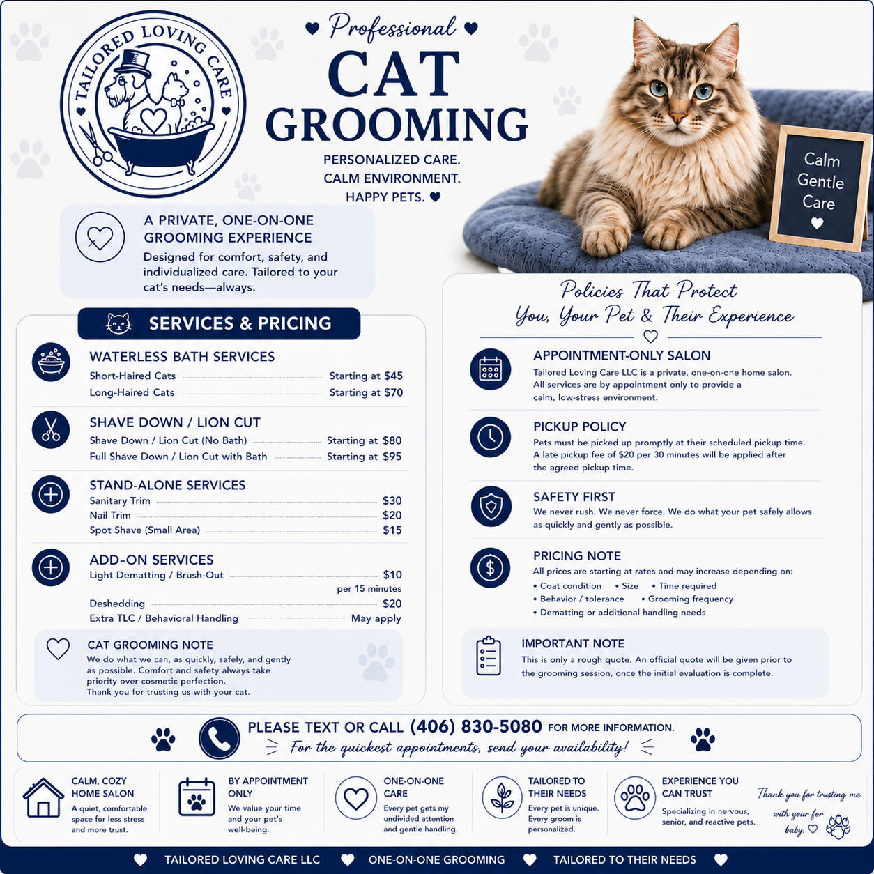 Tailored Loving Care cat grooming starting price menu